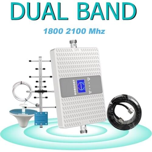 GOBOOST 4G DCS Signal Repeater Dual Band 1Band 3 Celluar Amplifier Cell Phone Yagi Antenna 1800 2100 Mhz Signal Booster Kit