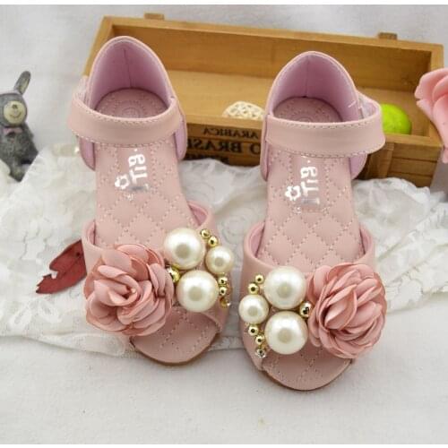 Flower Beading Sandals for Girls Genuine Leather Fish-mouth Kids Summer Shoes Princess Party Dress Shoes Flat Beach Sandalias