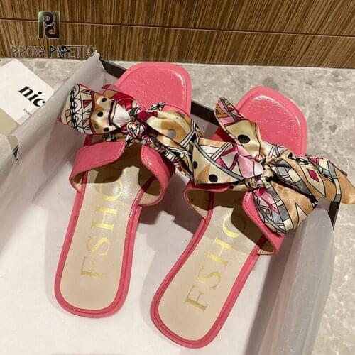 Silk Bowknot Square Toe Flat Slippers Summer Temperament Casual All-match Beach Vacation Sandals and Slippers Women
