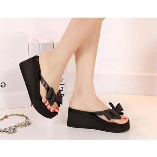 New Summer Woman Shoes Platform Bath Slippers Bow Mid Wedge Heel Beach Flip Flops High Heel Slippers For Women