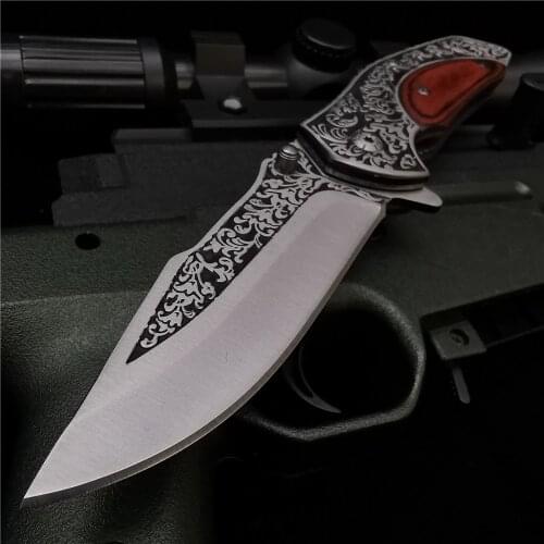 21.5CM (8.3') 58HRC Folding Knife, Exquisite Forging Pattern, Wooden Inlaid Handle, Camping EDC Tool Knife, Sharp Hunting Knife