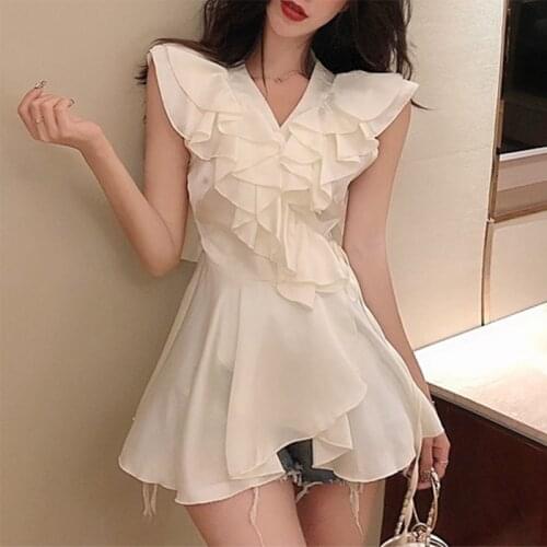 Korean Sleeveless Ruffles Chiffon Shirt Female 2021 Fashion Elegant V Neck White Blouse Women New Lace-Up Loose Pink Tops 14538