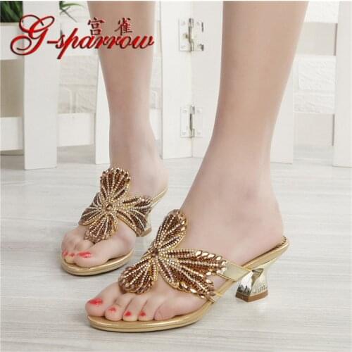 G-sparrow 2019 Womens Fashion Gold Genuine Leather Rhinestone Casual Slippers Shoes For Wedding Big Size