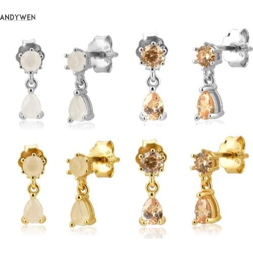 ANDYWEN 100% 925 Sterling Silver Luxury CZ Stud Earring Rock Punk OvalsGold Pendiente 2 Zircon Jewelry 2020 Fashion Jewels