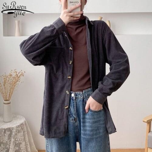 2021 Autumn Corduroy Cotton Ladies Tops Casual Cardigan Singel Breasted Womens Shirt Vintage Blouses Women Jacket 11880