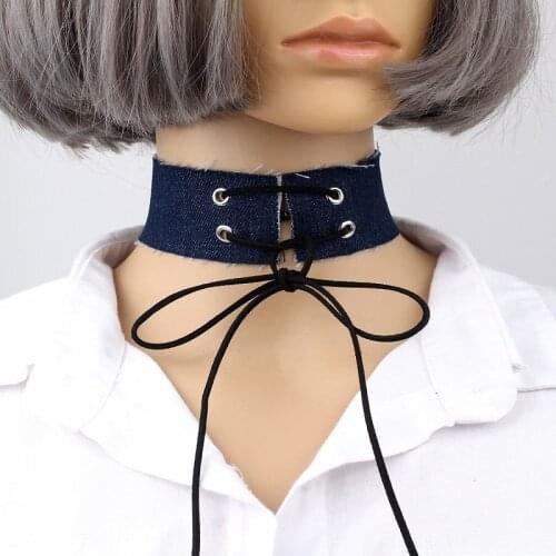 Sexy original lodgings lace womens Punk Gothic Necklace retro wide denim Necklace Beach Party bow neck chain denim Necklace