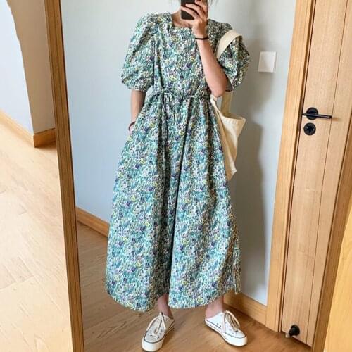 Prairie Chic Dress Summer Women Sweet Girls New Fashion Square Collar Puff Sleeve High Waist A-line Mid-calf Maxi Dress Female