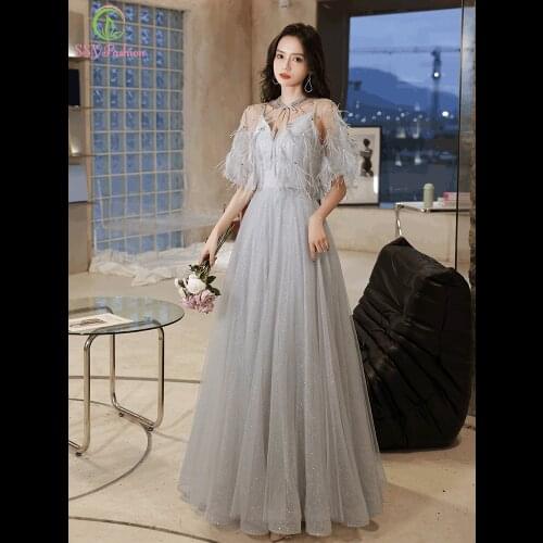 SSYFashion Elegant Grey Evening Dress with Shawl V-neck A-line Shining Glittering Prom Formal Gown for Women Vestidos De Fiesta