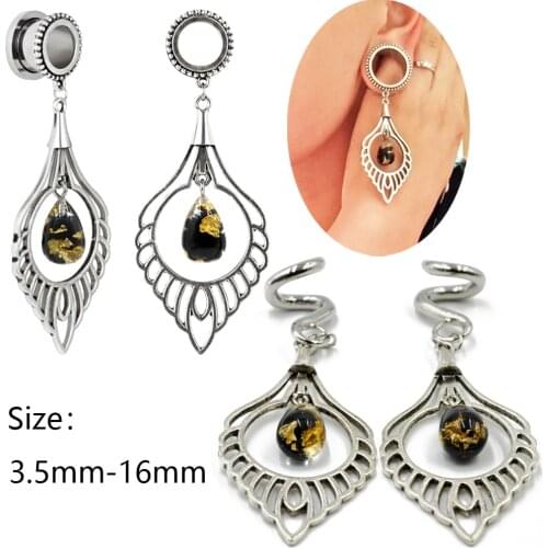 Showlove-1pair Surgical Steel Vintage gold foil pendant Ear Plugs Ear Tunnel Expander Ear Stretcher Ear Weights Piercing Jewelry