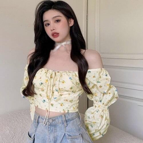 Floral Print Tie Front Top and Blouses Shirts Square Collar Puff Sleeve Elegant Vintage Sexy Shirt Tops Chic