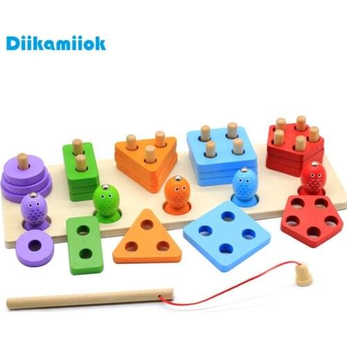 Fishing Game Geometry and Color Learning Five Sets of Columns Wooden Toys for Children Building Toy Baby Education Puzzle Board