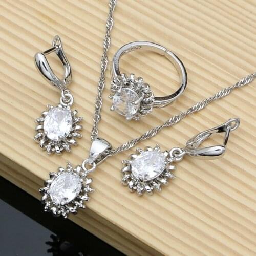Bride Wedding 925 Silver Earrings Jewelry Sets for Women Wihte Topaz Stone Necklace Open Ring Trendy Jewelry Dropshipping