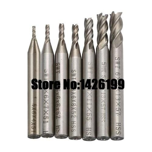 7Pcs End Mill HSS 2 Flutes 3 Flutes 4 Flutes 1.5mm-6mm Diameter Milling Cutter Straight Shank Router Bit Set CNC Tools