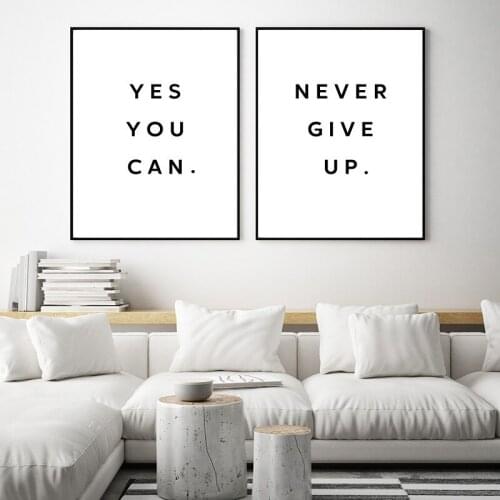 Black White Motivational Quotes Yes You Can Never Give Up Wall Art Canvas Painting Posters Prints Wall Pictures for Room Decor