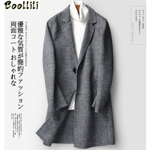 Boollili Mens Double-faced Wool Coat Man Plaid Cashmere Oversize Long Jacket Men Autumn Korean Mens Coats Abrigo Hombre