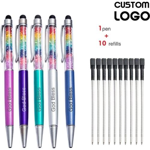 NEW Customized Logo Rainbow Crystal Ballpoint Pens Cute Creative DIY Korea Pen Office Student Lettering Names Touch Screen Pens