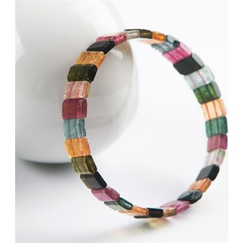 Genuine Colorful Natural Tourmaline Bracelets Women Female Stretch Crystal Rectangle Bead Bracelet Bangle