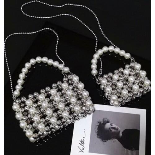 Silver Pearl Bag Niche Design Beaded Bag Retro Single Shoulder Diagonal Hand-woven Bag