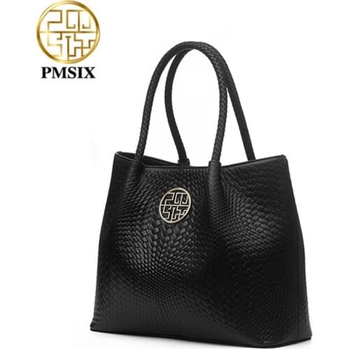 PMSIX Luxury Genuine Leather Women Handbag Designer Ladies Shoulder Bags High Quality Female Commuter Style Tote Bucket Bag 2020