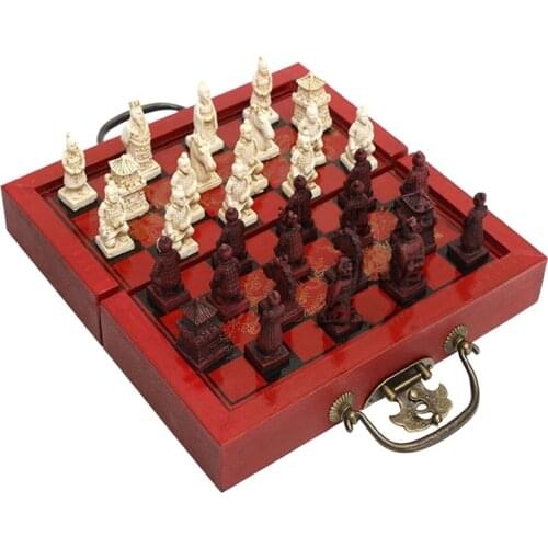 Terracotta Warriors Chess Retro Small Chess Set Dynasty Chinese Wooden Chessboard Puzzle Chess Board Game Birthday Gift