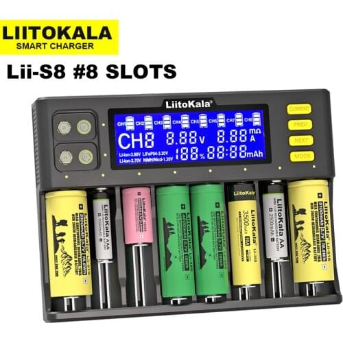 LiitoKala Lii-S8 Battery Charger for Li-ion 3.7V NiMH 1.2V Li-FePO4 3.2V IMR 3.8V 18650 26650 21700 26700 AA AAA battery