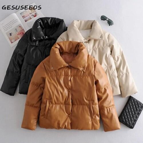 Vintage leather jacket women winter coat warm long sleeve parka turn down collar faux leather coat korean black jacket white