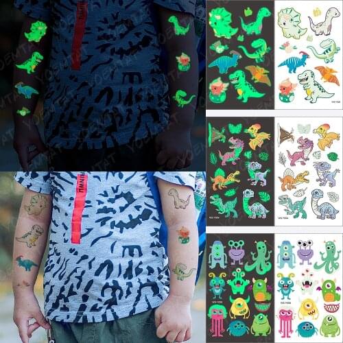 1 Pc Waterproof Temporary Tattoo Sticker Kids Cute Cartoon Animated Dinosaur Funny Night Glowing Tatoo Children Fake Tatto Boy