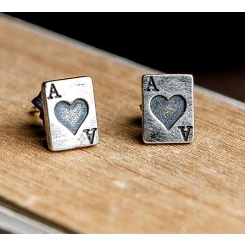 High Quality Genuine Real 925 Sterling Silver Earrings Poker Heart Stud Earring Vintage Jewelry Valentines Day Love Gift