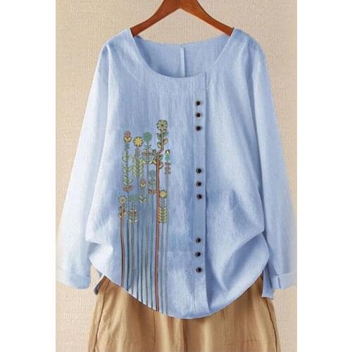 2021 Autumn Pullovers Full Sleeve Linen Cotton Blouse Print Loose Casual Tops Women Blouse Plus Size M-5XL Female Streetwear