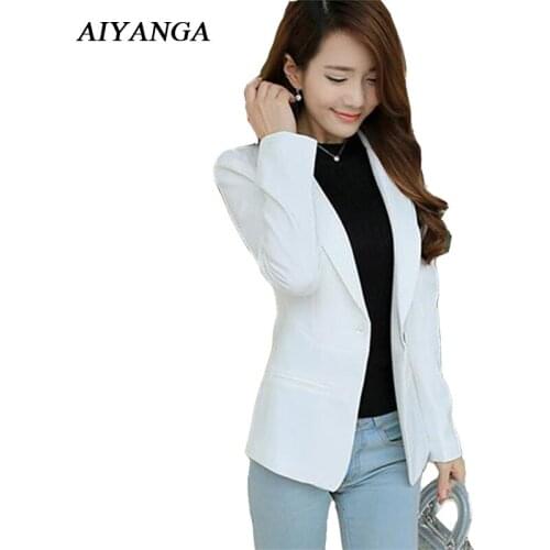 AIYANGA 2018 Spring Autumn Womens Blazers Ladies Long Sleeve Suit Outerwear Single Button Notched Slim White Womens OL Tops
