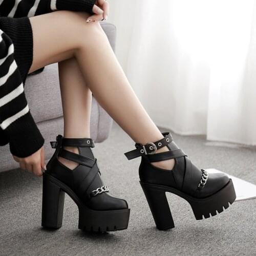 Spring Autumn Fashion Ankle Boots For Women High Heels Casual Cut-outs Buckle Round Toe Chain Thick Heels Platform Shoes 345