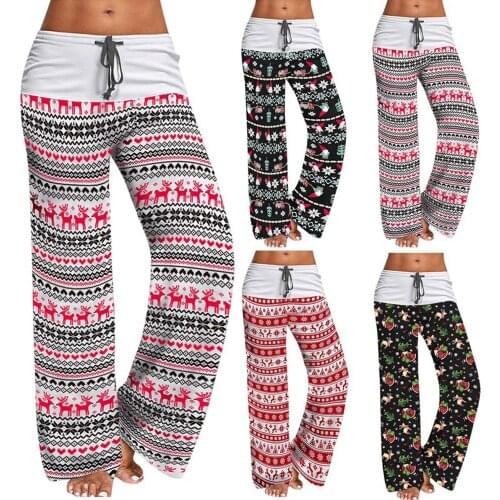 Women Homewear Pajama Pants Casual Printed Drawstring Wide Leg Palazzo Comfortable Lounge Pants Elastic Drawstring Sweatpants