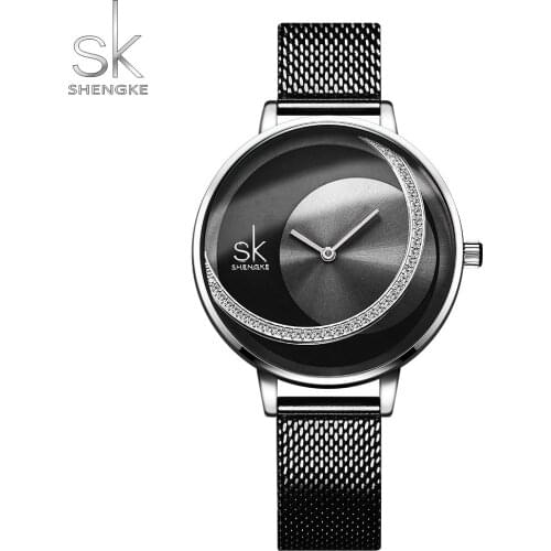 Shengke Elegant Women Watches Creative Crystal Dial design Leather And Mesh Strap Luxury Ladies Quartz Movement Montre Femme