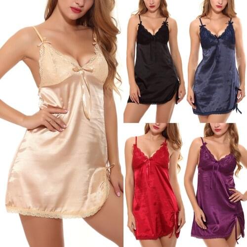 Women Pajamas Suit Lace Sling Nightdress Lingerie Thong Set Sexy V-neck Mini Dress Underwear Solid Color Sleeveless Nightshirt