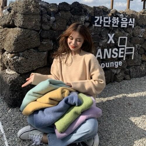 2020 Women Autumn Winter Candy Color Oversized Pullover Sweater Full Sleeve Split Hem Round Collar Knitted Jumpers