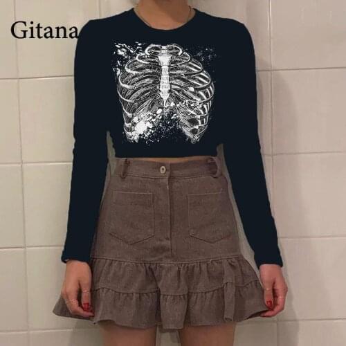 Gitana 2021 Autumn Vintage Print T Shirt Women Y2K Long Sleeve Crop Top Harajuku Slim Tee Tops Fashion Pullovers Streetwear