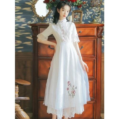 Summer New Style Chinese Style Retro Heavy Industry Embroidery Was Thin Net Yarn Long Cheongsam Dress Girl Style Dress