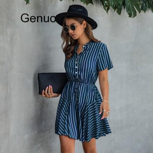Summer Striped Dress Women Casual Single Breasted Mini Dress Female Serpentine Plaid Print Short Sleeve Dress 2020 New