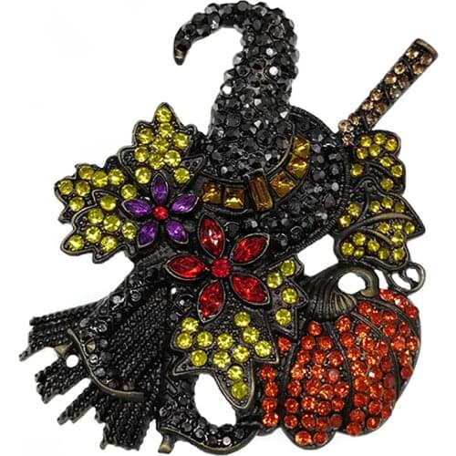 10 pcs/lot Rhinestone Halloween Orange Broom Witch Brooch Halloween Gift