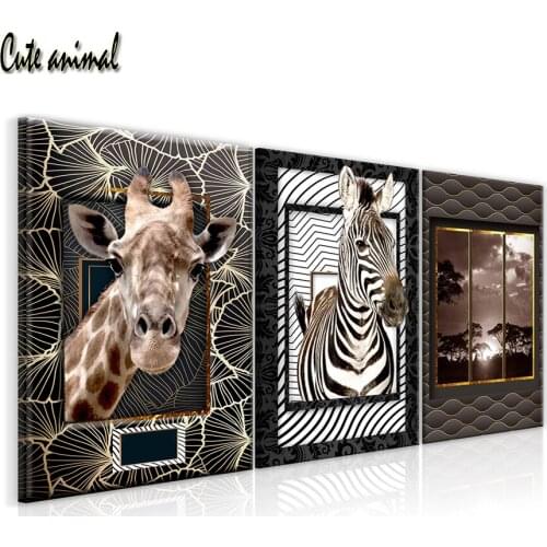 3 PCS Full Square round 5D DIY Diamond Painting African animal zebra giraffe Cross Stitch Rhinestone Mosaic Painting Home Decor
