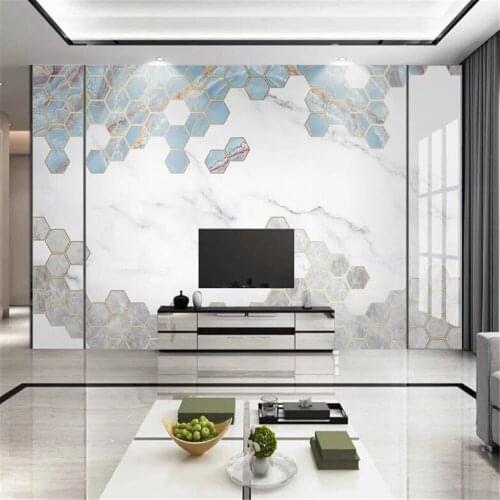 Milofi custom large wallpaper mural Nordic light luxury hexagon geometric marble pattern jazz white TV background wall