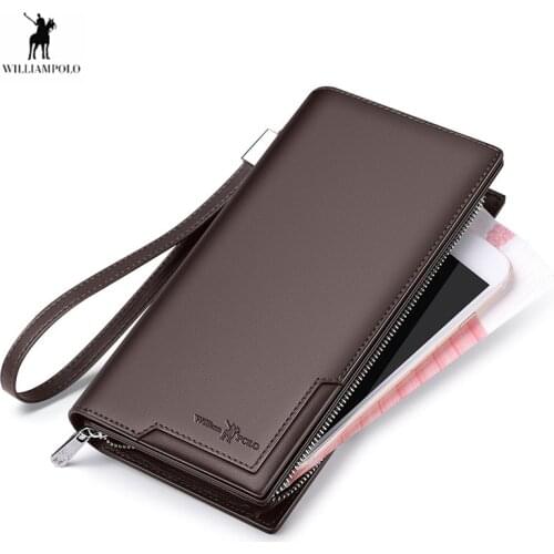 WILLIAMPOLO Genuine Leather Wallet RFID Blocking Clutch Bag Wallet Card Holder Coin Purse Zipper Male Long Wallets carteira ארנק