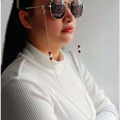 Eyeglasses Chain White Red Beads Plastic Pearl Charm Lobster Silicone Loops Women Outside Sunglasses Accessory