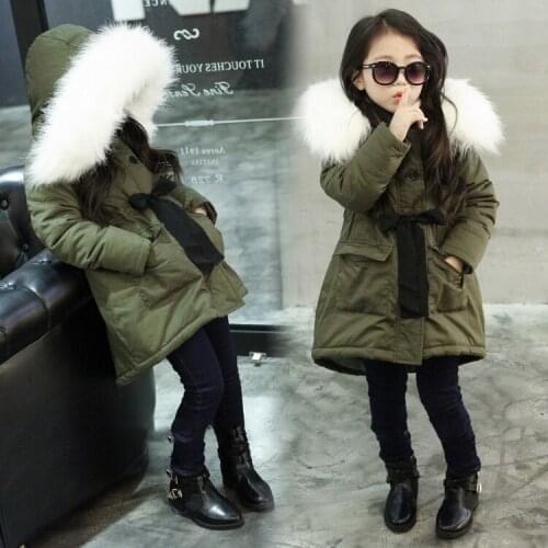 Korean Brand Girls Jackets Kids Faux Fur Collar Coat Children Winter Outwear 3-11 years old Fur Collar Hooded long down Coats