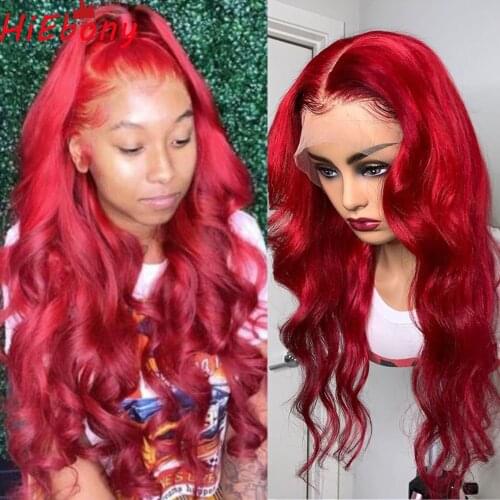 HiEbony Red Wave Lace Front Wig Pre Plucked Glueless Lace Front Wigs Remy Human Hair 13x4 Front Lace Wigs Red 150% Density Wigs