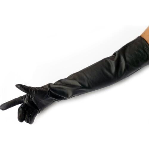 Women 56cm above elbow long warm opera real leather evening gloves black