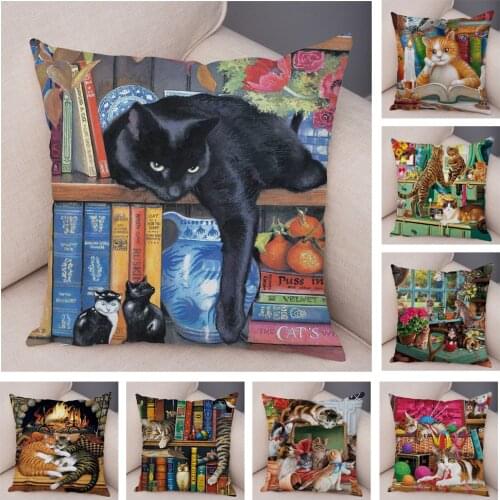 Cartoon Library Book Cat Cushion Cover Soft Plush Decor Fairy Tale Animal Pillowcase Pillow Case for Sofa Home Children Room