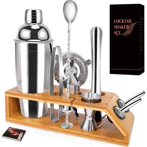Cocktail Shaker Set 10 Pieces Stainless Steel Shaker Set Bamboo Base