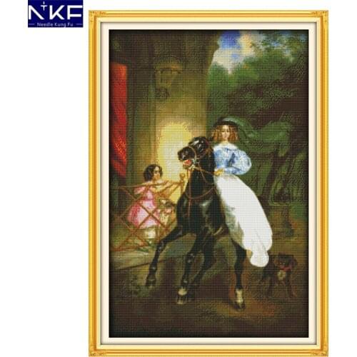 NKF The Horse Riding Woman Cross Stitch Painting 11CT14CT DIY Cross Stitch Kit for Embroidery Wall Decor Needlework Cross Stitch