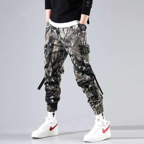 Newest mens multi pockets ribbon camouflage cargo pants hip hop punk joggers BOYS casual tactical pants camo trousers plus size